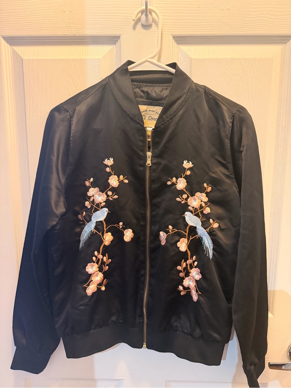 Ci Sono Black Bomber Jacket with Blue Bird and Pink Floral Embroidery